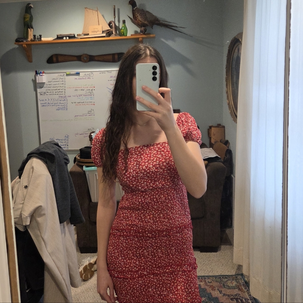 Floral Red Puff Sleeve Dress || Size S
